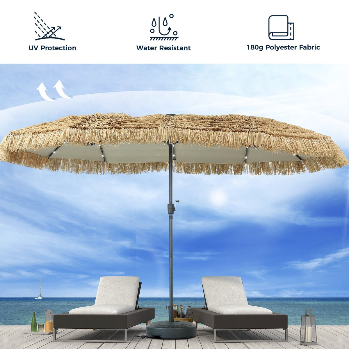 13ft Large Thatched Tiki Patio Umbrella with Solar LED Lights