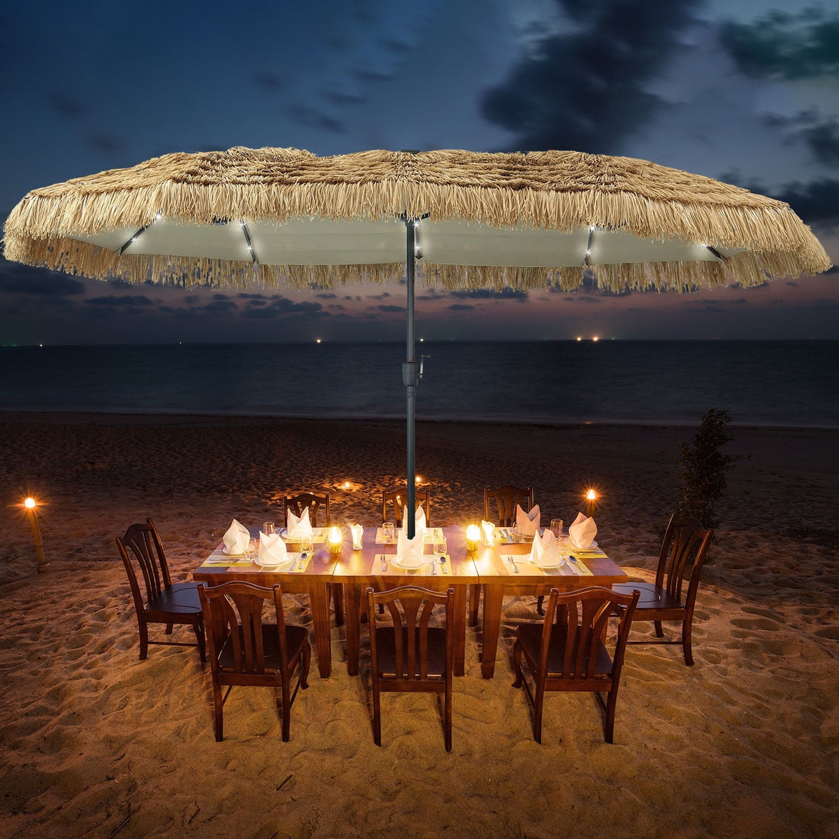 13ft Large Thatched Tiki Patio Umbrella with Solar LED Lights