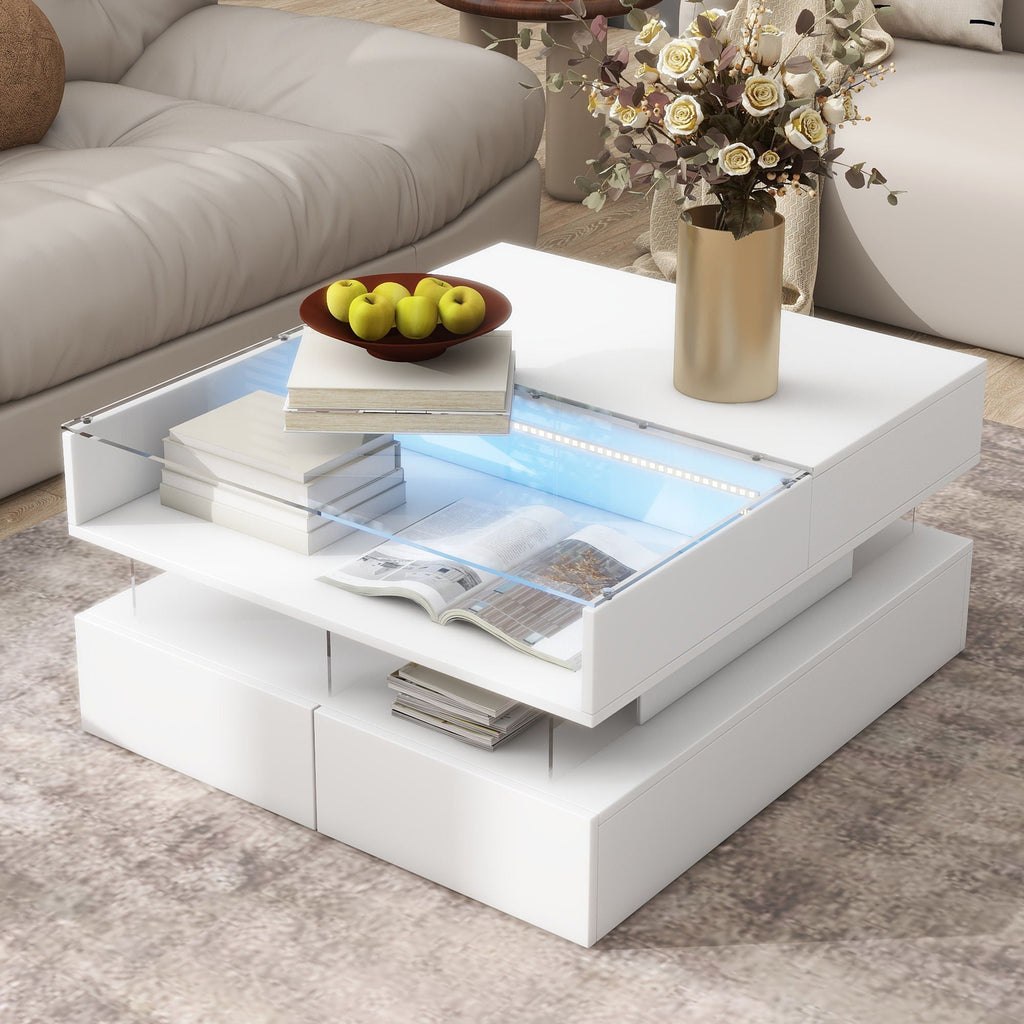 Lift Top Coffee Table With 2 Drawers, Hidden Space And LED Lights