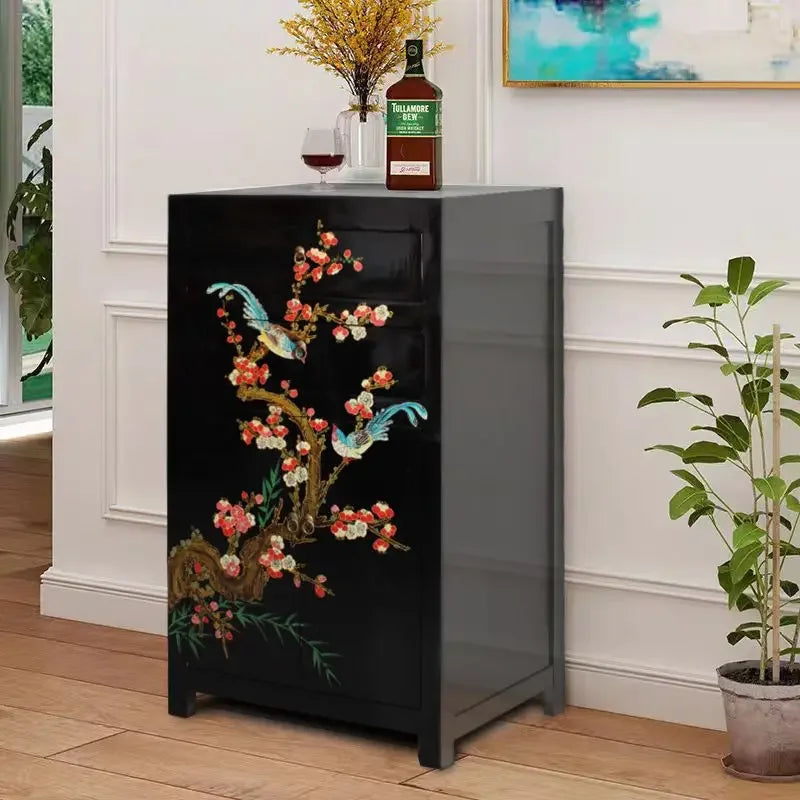 Hand-Painted Chinese Lacquer Bedside Cabinet & Sofa Side Table