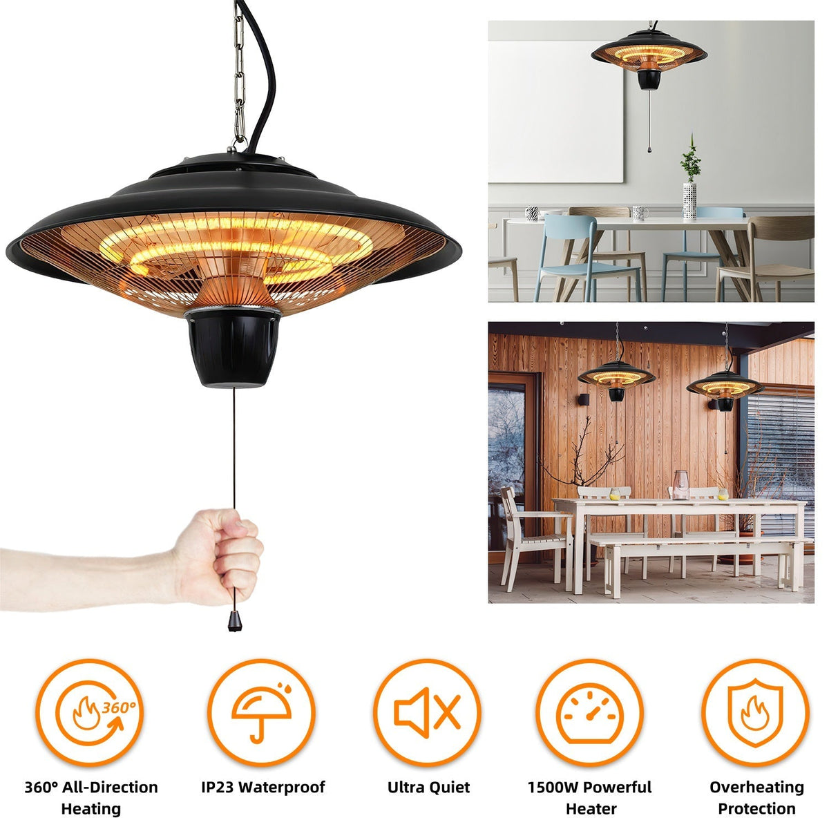 1500W Outdoor Hanging Patio Heater Waterproof 2 Heating Levels Overheating Protection