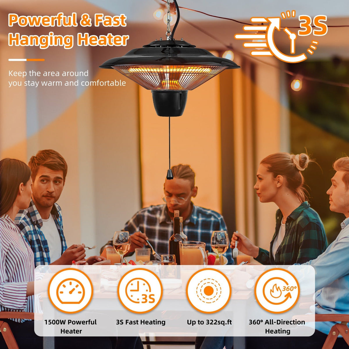 1500W Outdoor Hanging Patio Heater Waterproof 2 Heating Levels Overheating Protection
