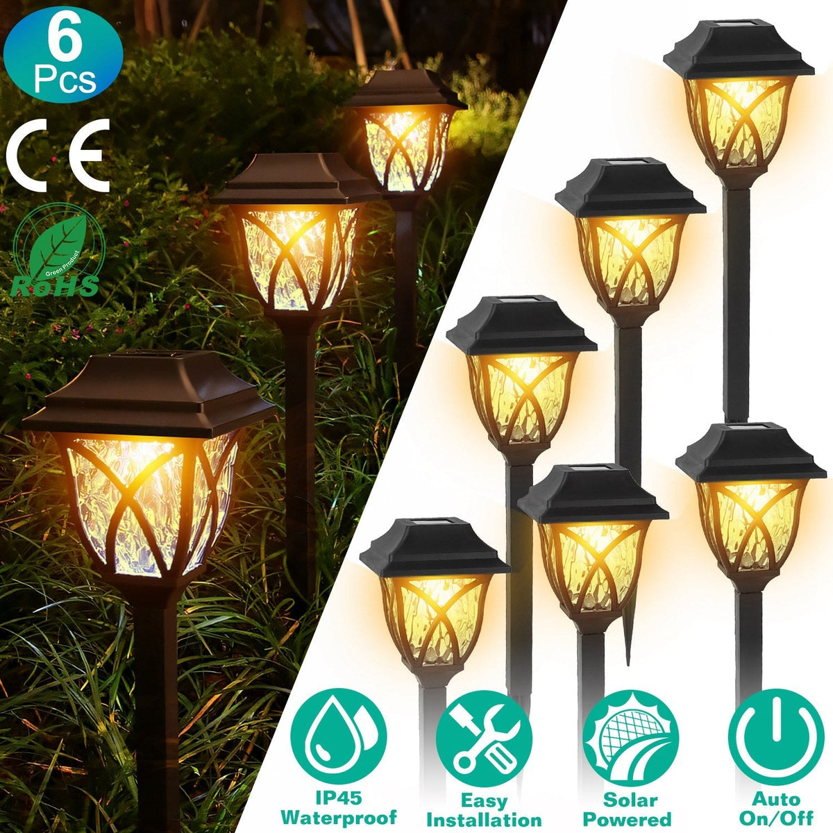6Pack Solar Powered Stake Light Decorative Landscape Lamp IP45 Waterproof Auto On Off