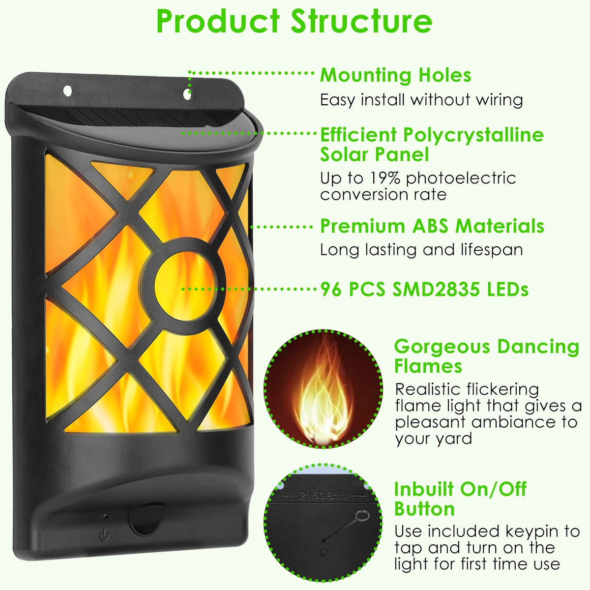 Flame Solar Lights 96 LEDs Waterproof Flickering Flame Wall Mount Lamp Auto On Off