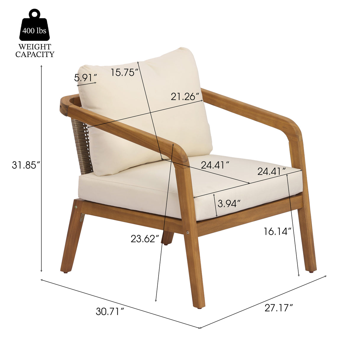 Acacia Wood Outdoor Patio Club Chair with Wicker Backrest & Cushion - Cream, Light Brown