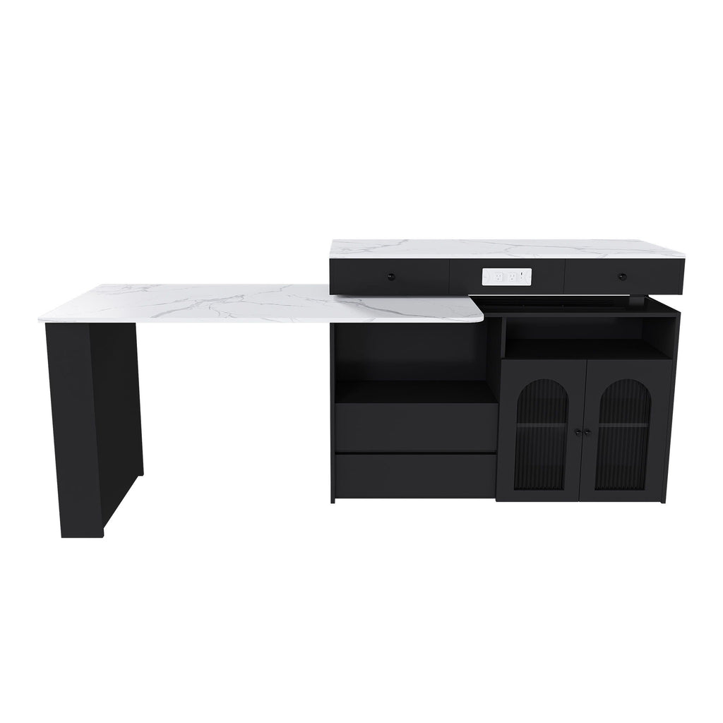 Kitchen Island, Extendable Rotating Table, 4 Drawers & Glass Doors