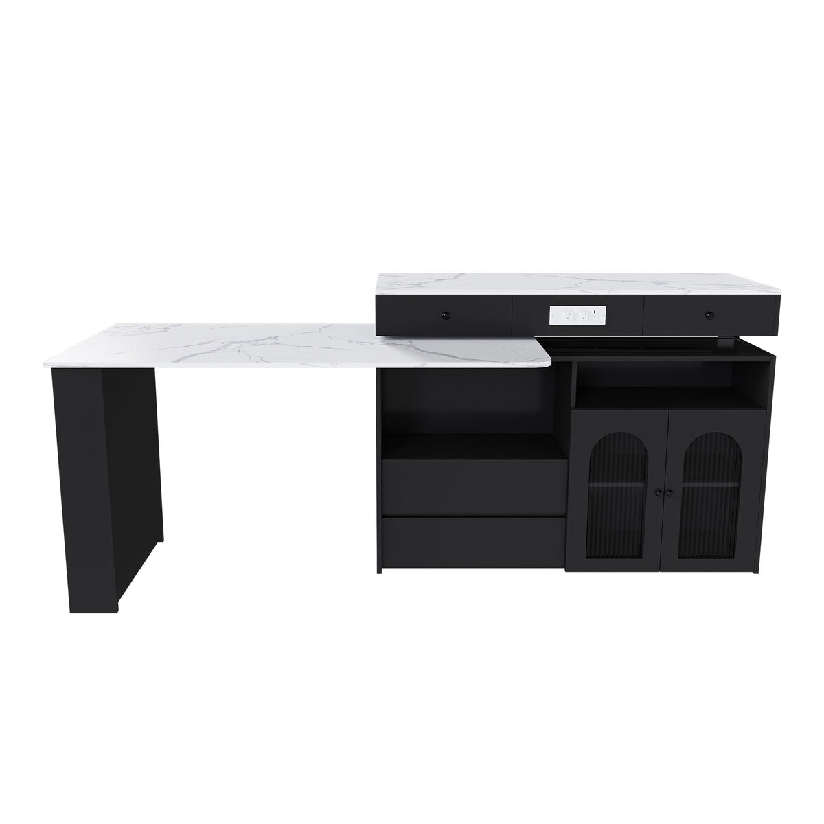 Kitchen Island, Extendable Rotating Table, 4 Drawers & Glass Doors