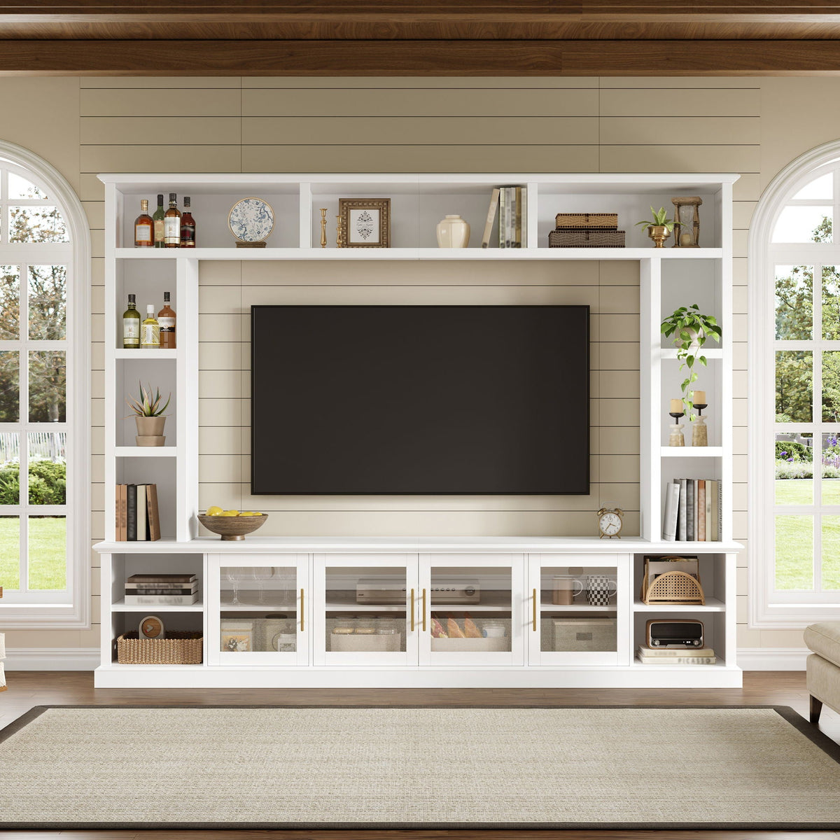 All-In-One Entertainment Center With Bookshelves & Tempered Glass Doors