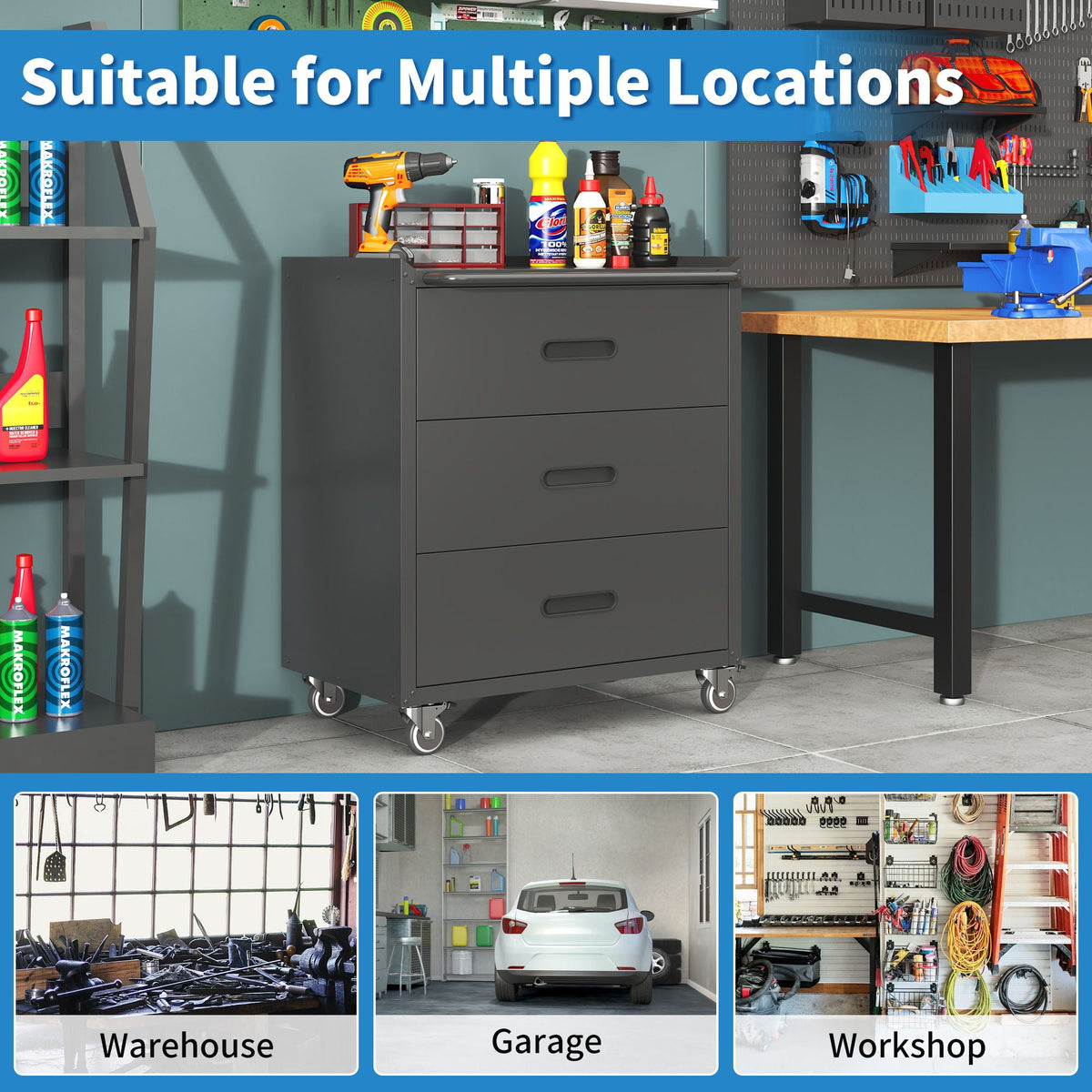 Heavy Duty Metal Storage Cabinet With Wheels 3 Drawer Tool Cabinet