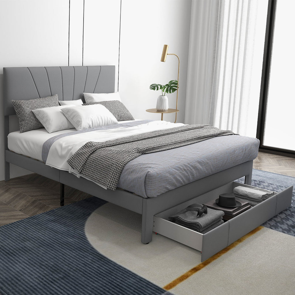 Full/Queen Size Upholstered Bed Frame with Drawer and Adjustable Headboard