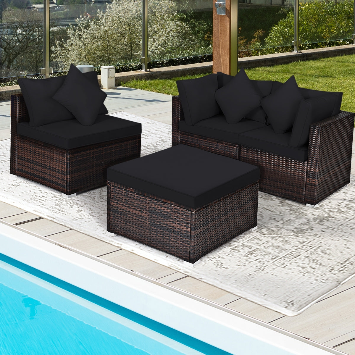 4 Pieces Ottoman Garden Patio Rattan Wicker Set with Cushion-Gray