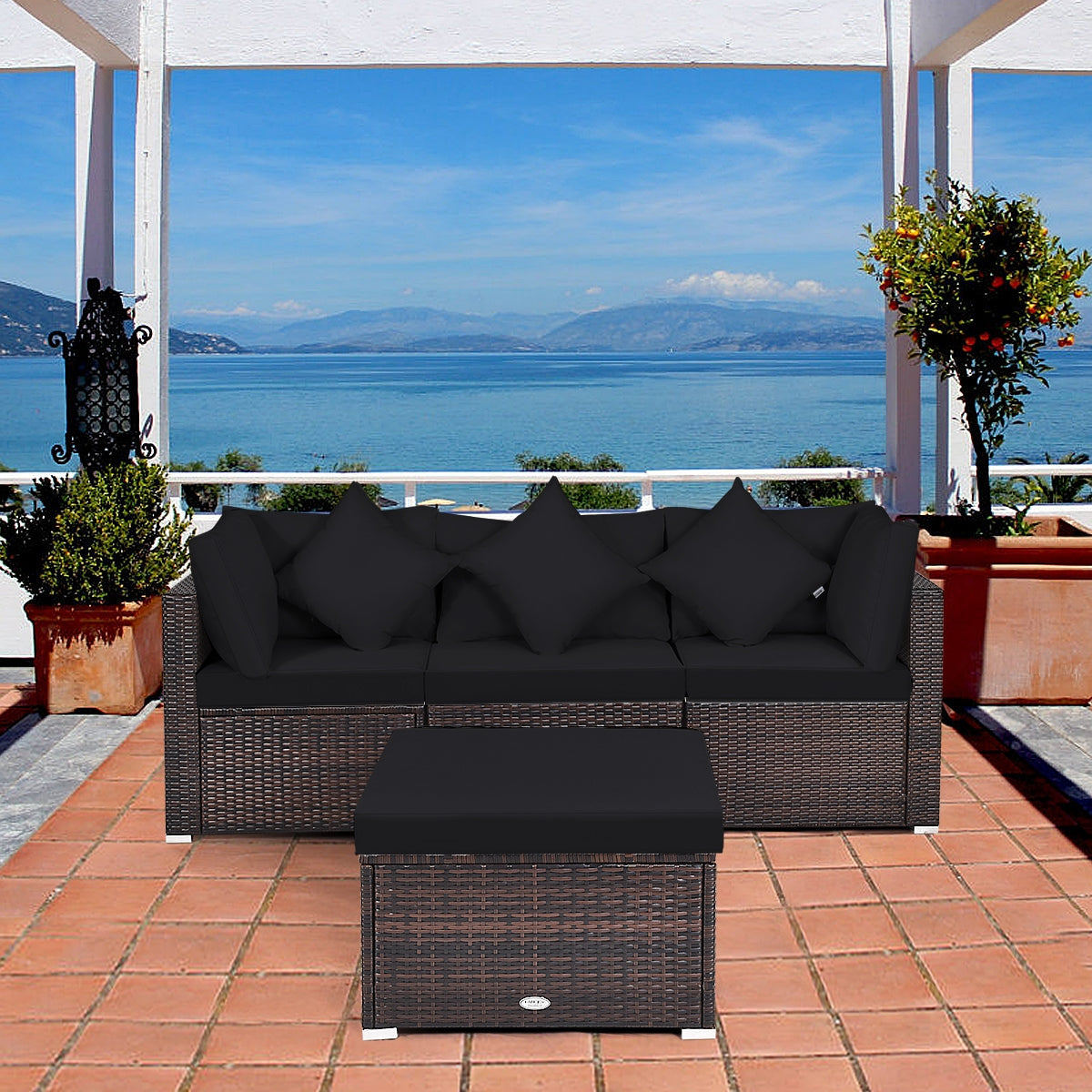 4 Pieces Ottoman Garden Patio Rattan Wicker Set with Cushion-Gray