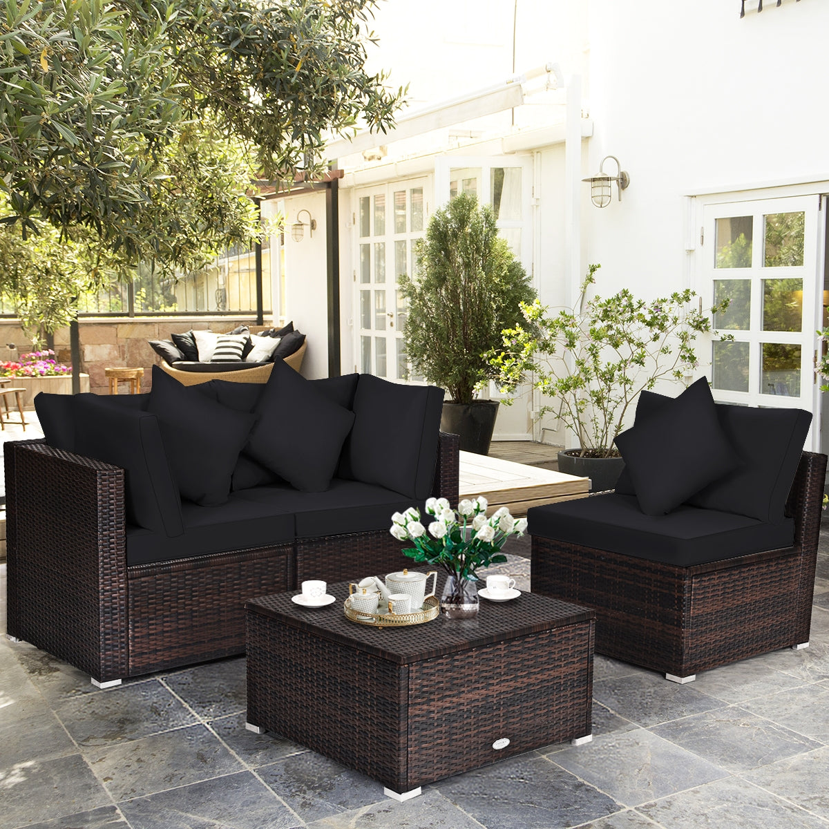 4 Pieces Ottoman Garden Patio Rattan Wicker Set with Cushion-Gray