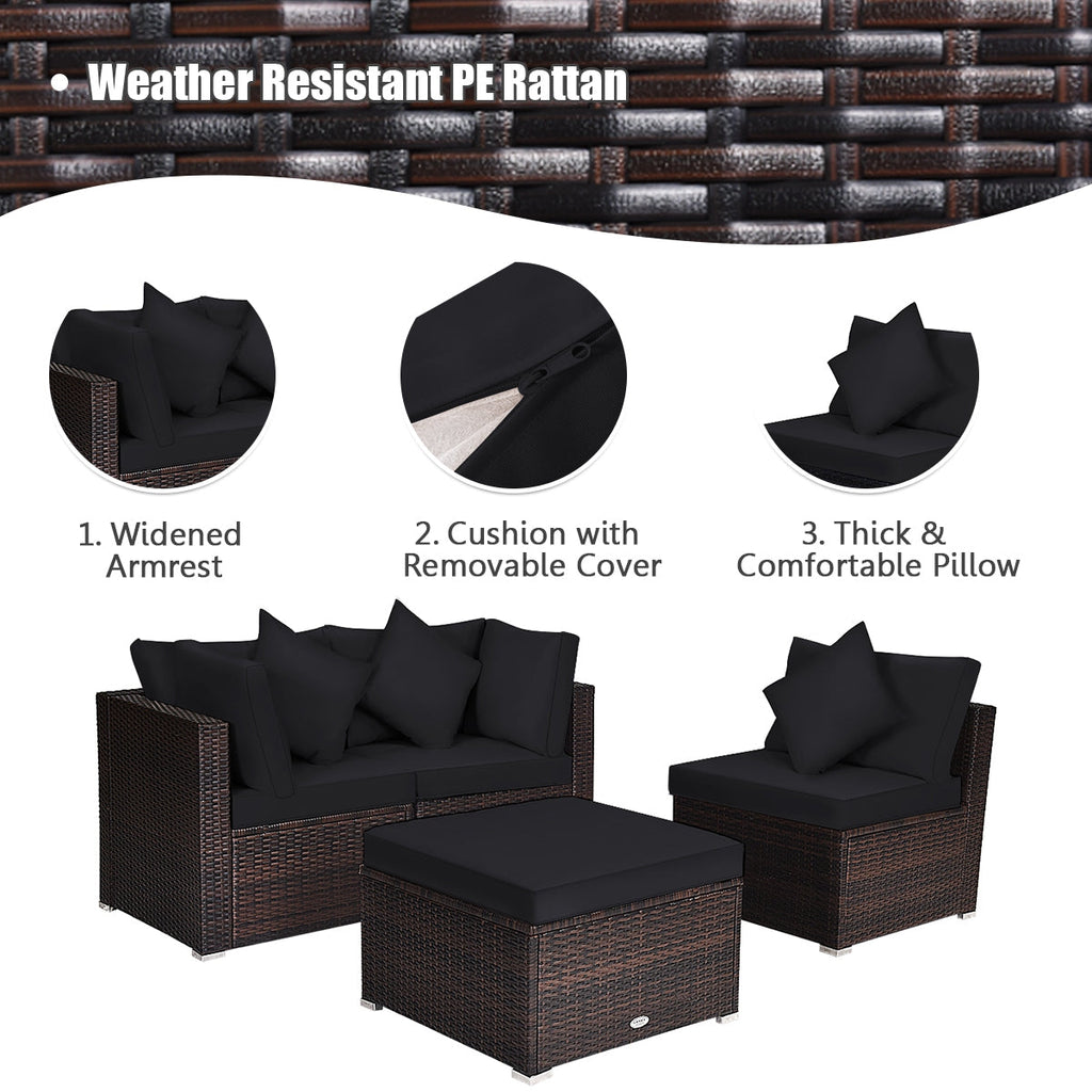 4 Pieces Ottoman Garden Patio Rattan Wicker Set with Cushion-Gray