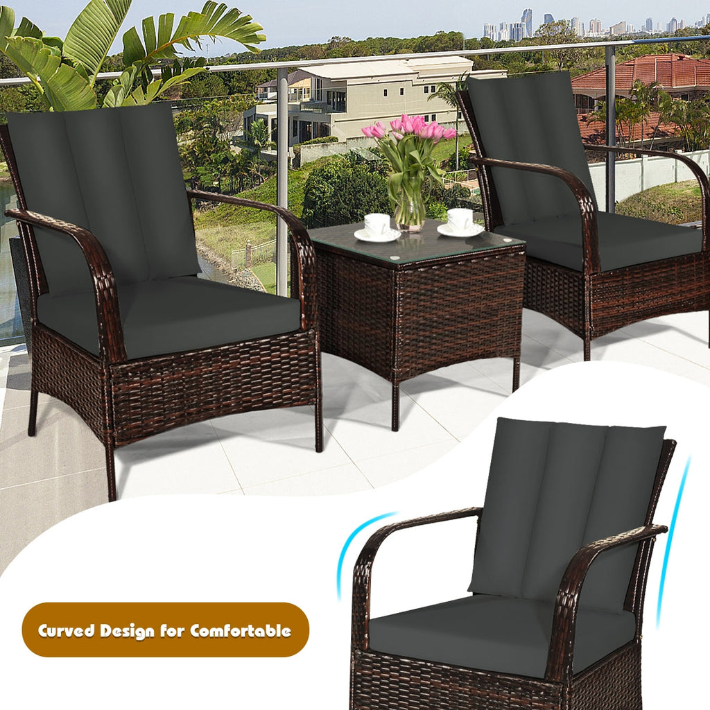 3 Pcs Patio Rattan Furniture Set with Glass Top Coffee Table and Cushions