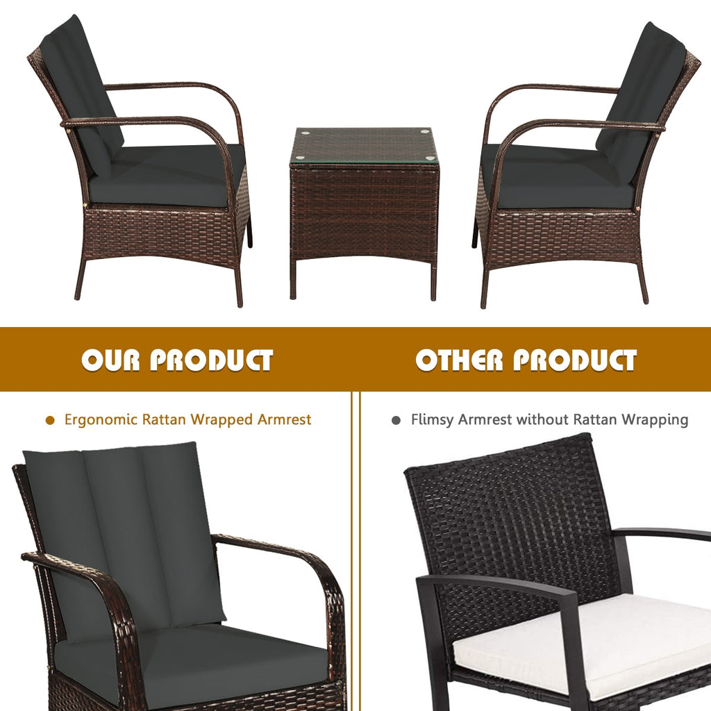 3 Pcs Patio Rattan Furniture Set with Glass Top Coffee Table and Cushions