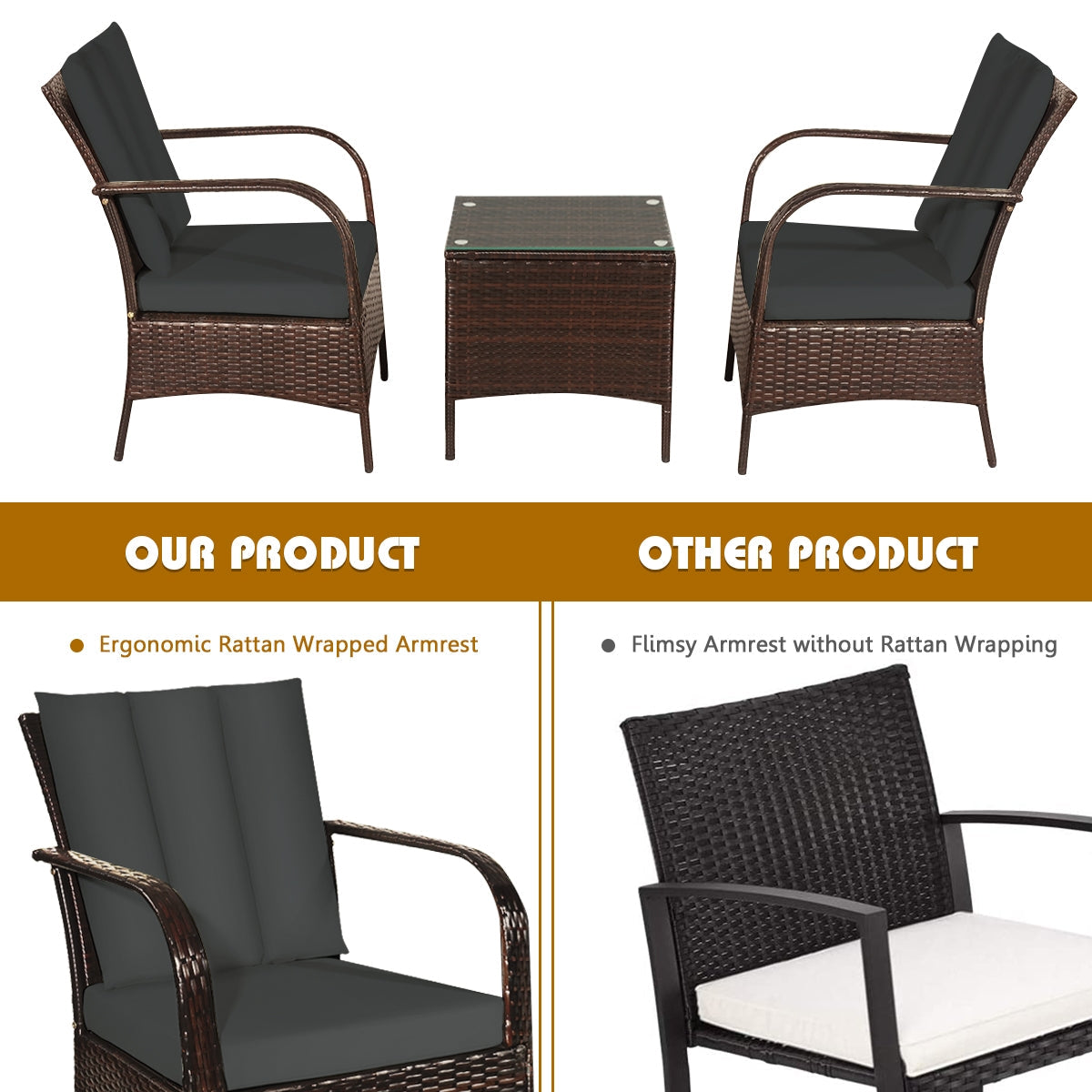 3 Pcs Patio Rattan Furniture Set with Glass Top Coffee Table and Cushions