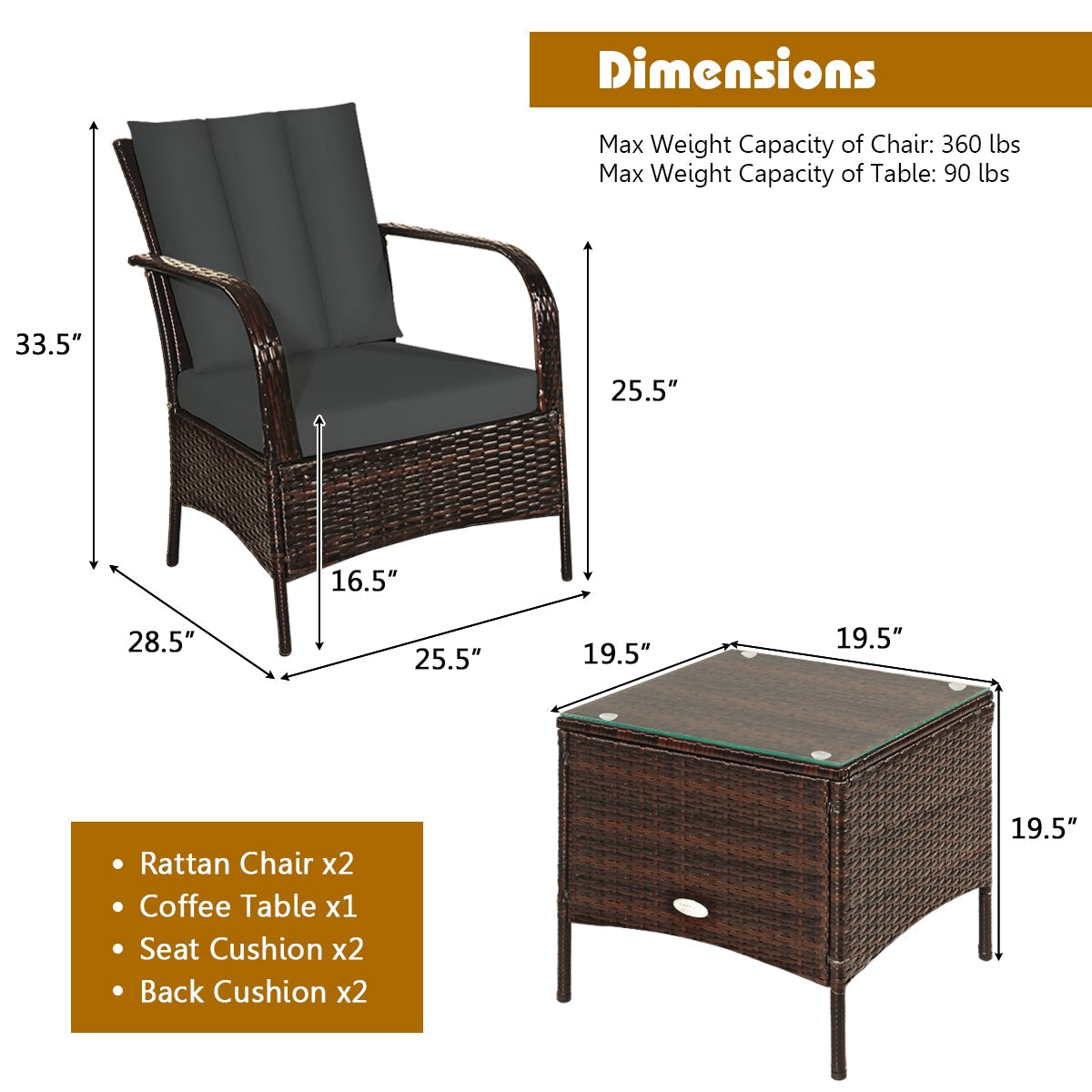 3 Pcs Patio Rattan Furniture Set with Glass Top Coffee Table and Cushions