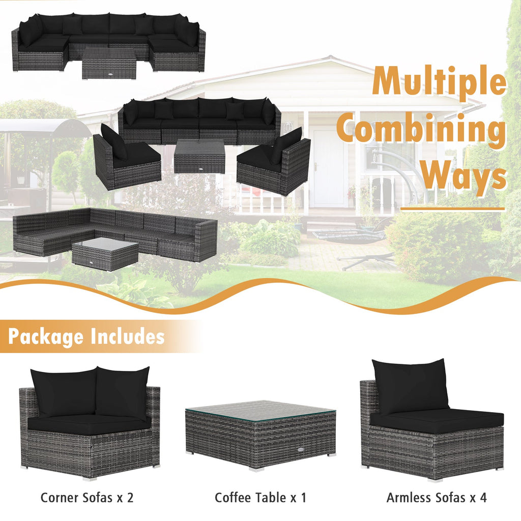 7 Pieces Patio Rattan Furniture Set Sectional Sofa Garden Cushion