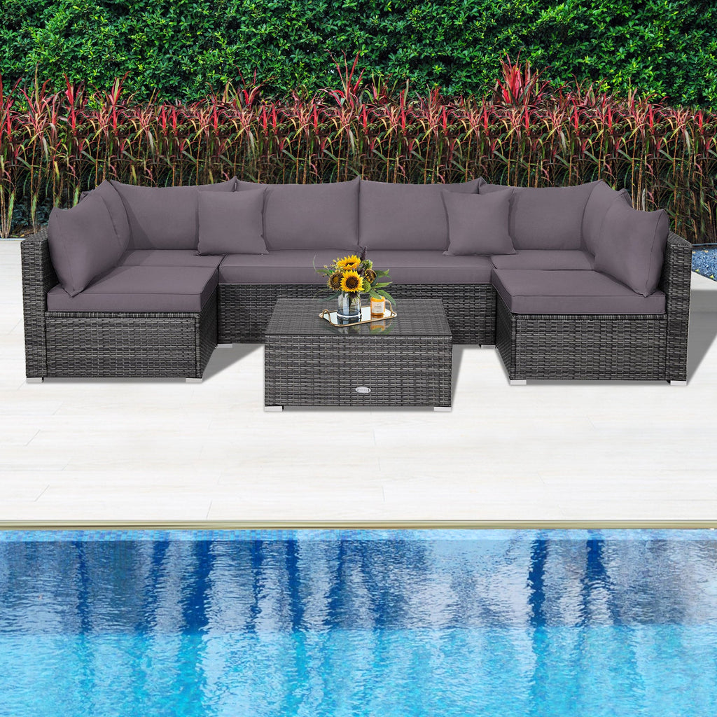 7 Pieces Patio Rattan Furniture Set Sectional Sofa Garden Cushion