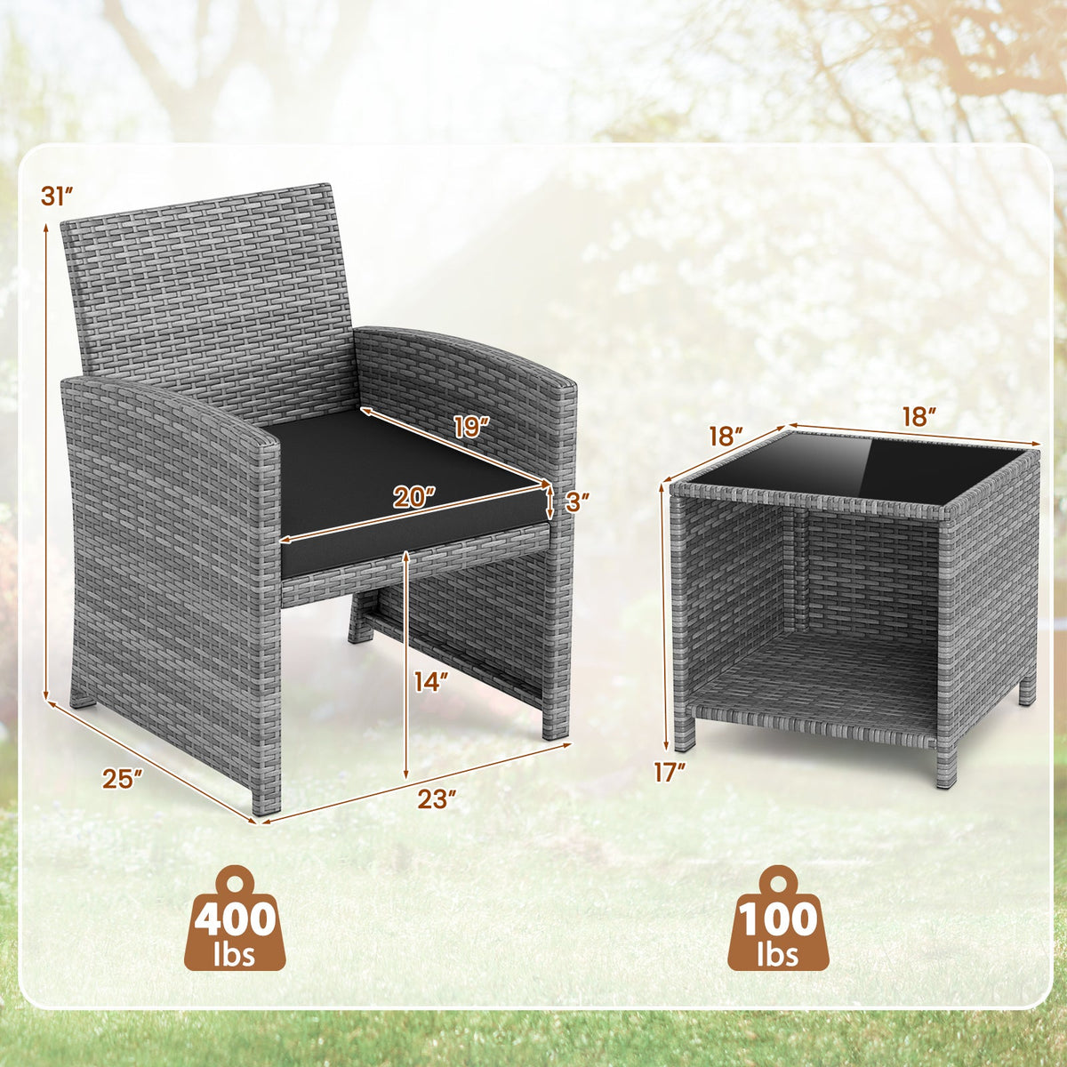 3 Pieces Patio Set, Tempered Glass Coffee Table and Soft Seat Cushions