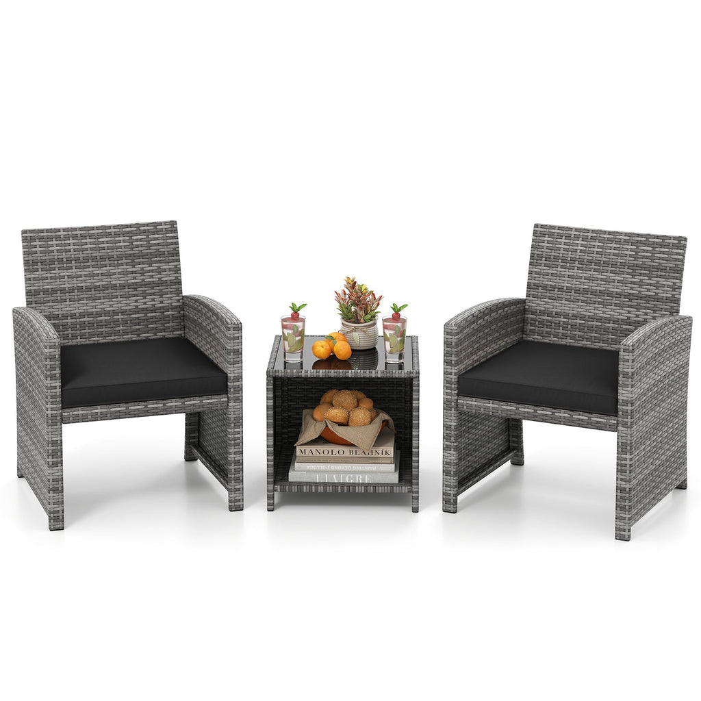 3 Pieces Patio Set, Tempered Glass Coffee Table and Soft Seat Cushions
