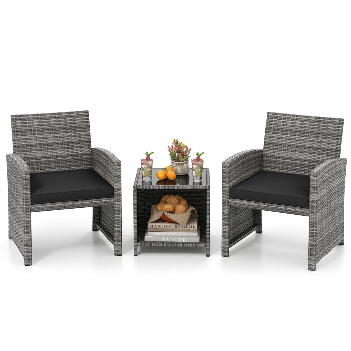 3 Pieces Patio Set, Tempered Glass Coffee Table and Soft Seat Cushions