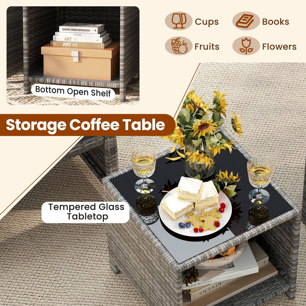 3 Pieces Patio Set, Tempered Glass Coffee Table and Soft Seat Cushions