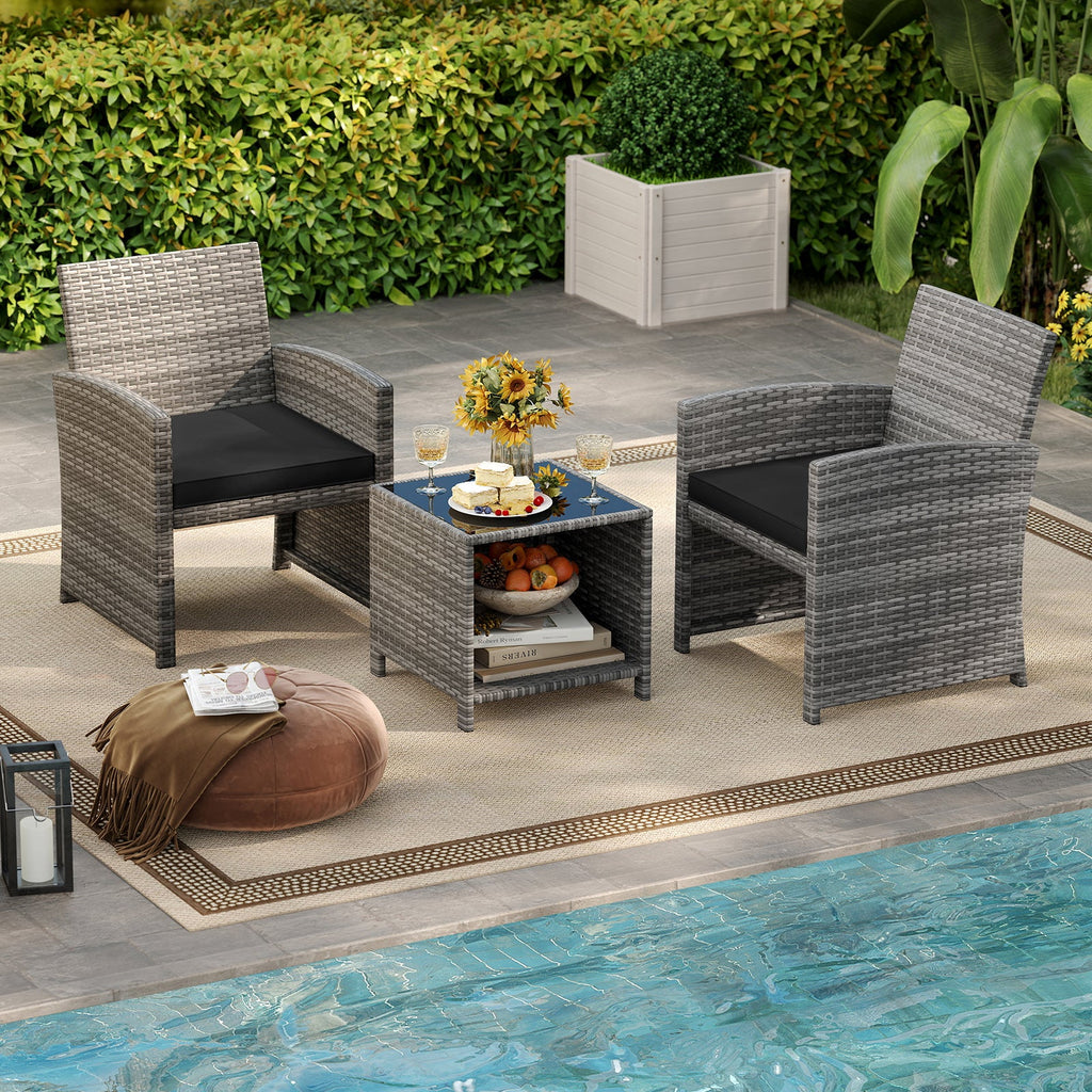 3 Pieces Patio Set, Tempered Glass Coffee Table and Soft Seat Cushions
