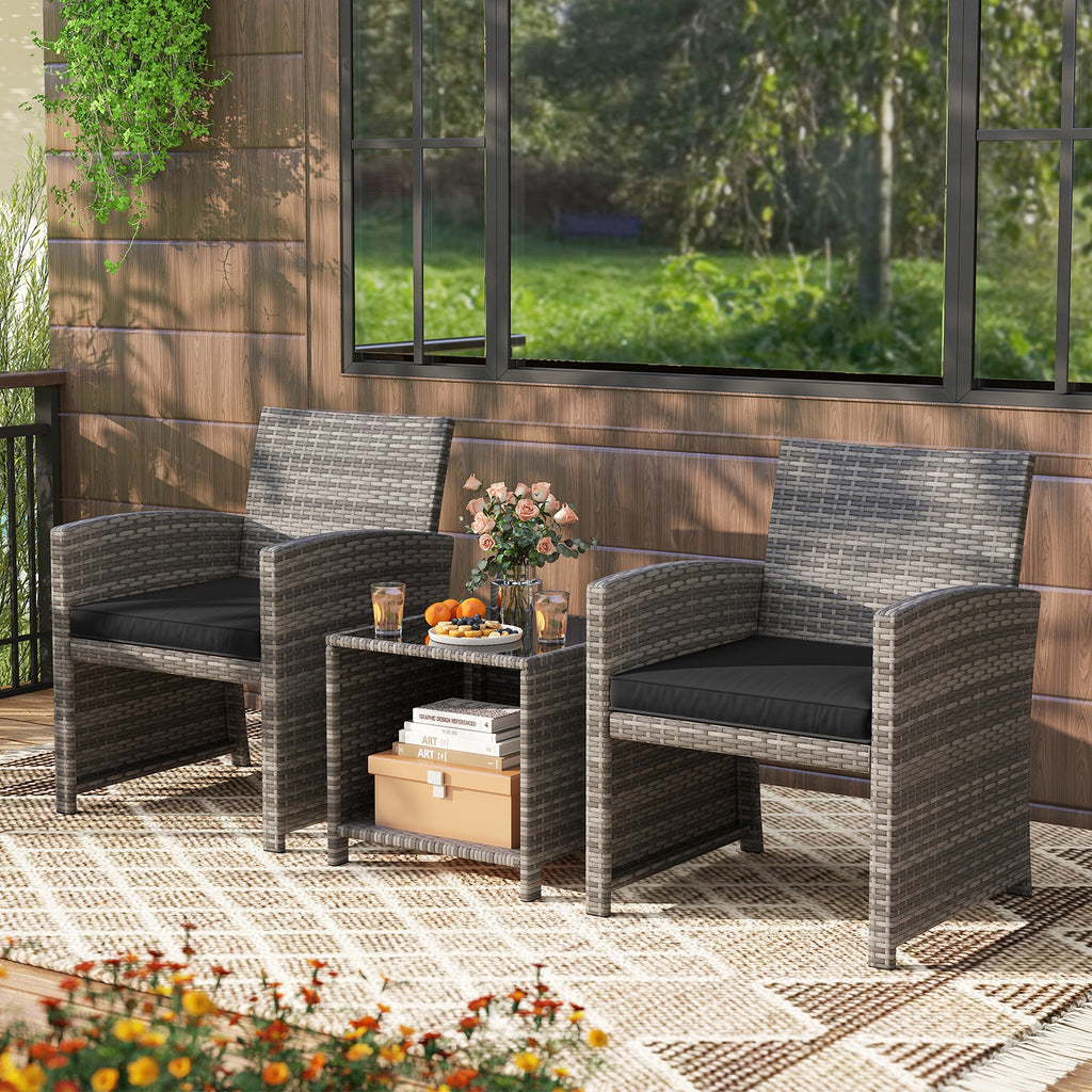 3 Pieces Patio Set, Tempered Glass Coffee Table and Soft Seat Cushions