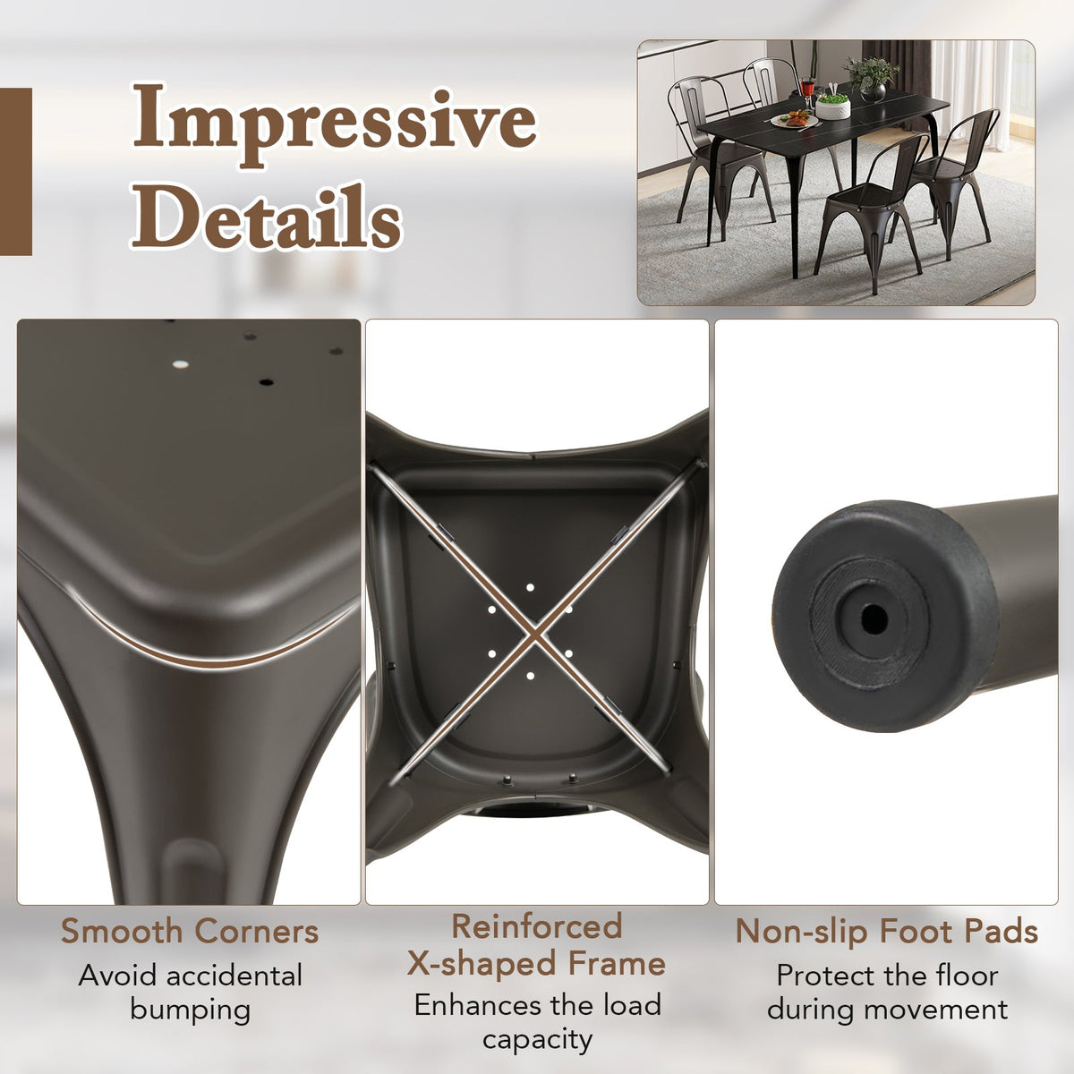 Metal Dining Chairs Set of 4 with Removable Backrest