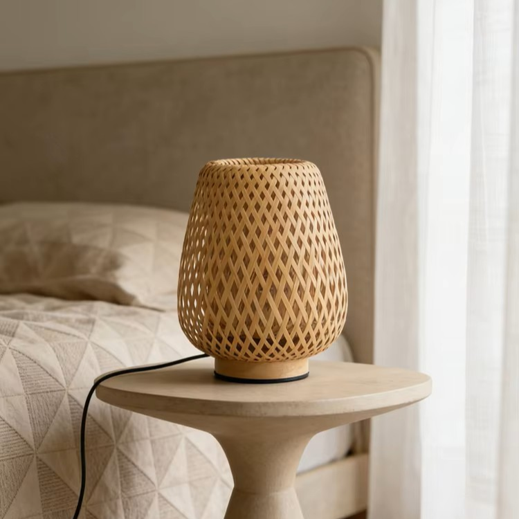 Hollow Woven Bamboo Table Lamp | Open-Weave Bamboo Bedside Light