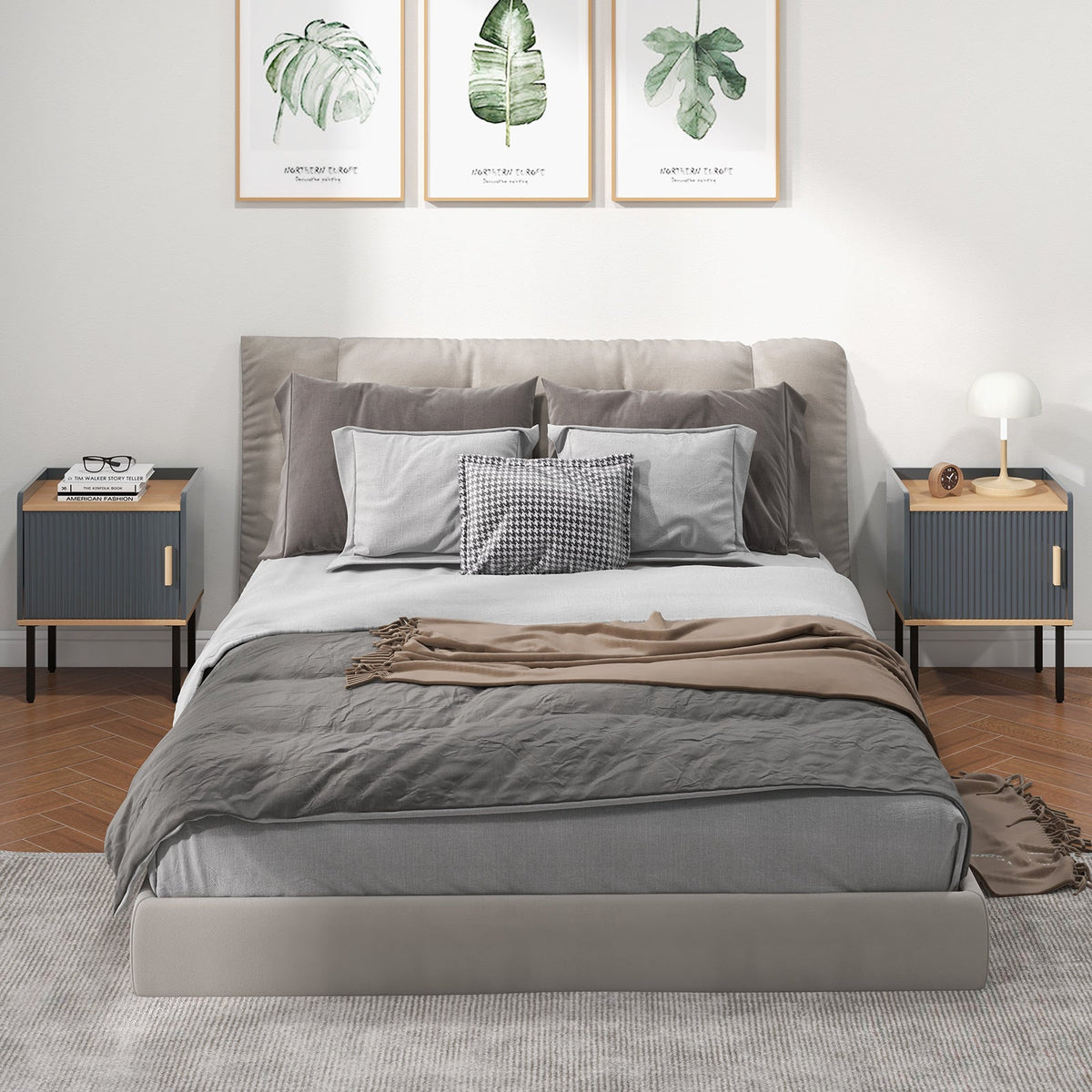 Nightstand Bedside End Table with Door Cabinet for Living Room Bedroom-Gray