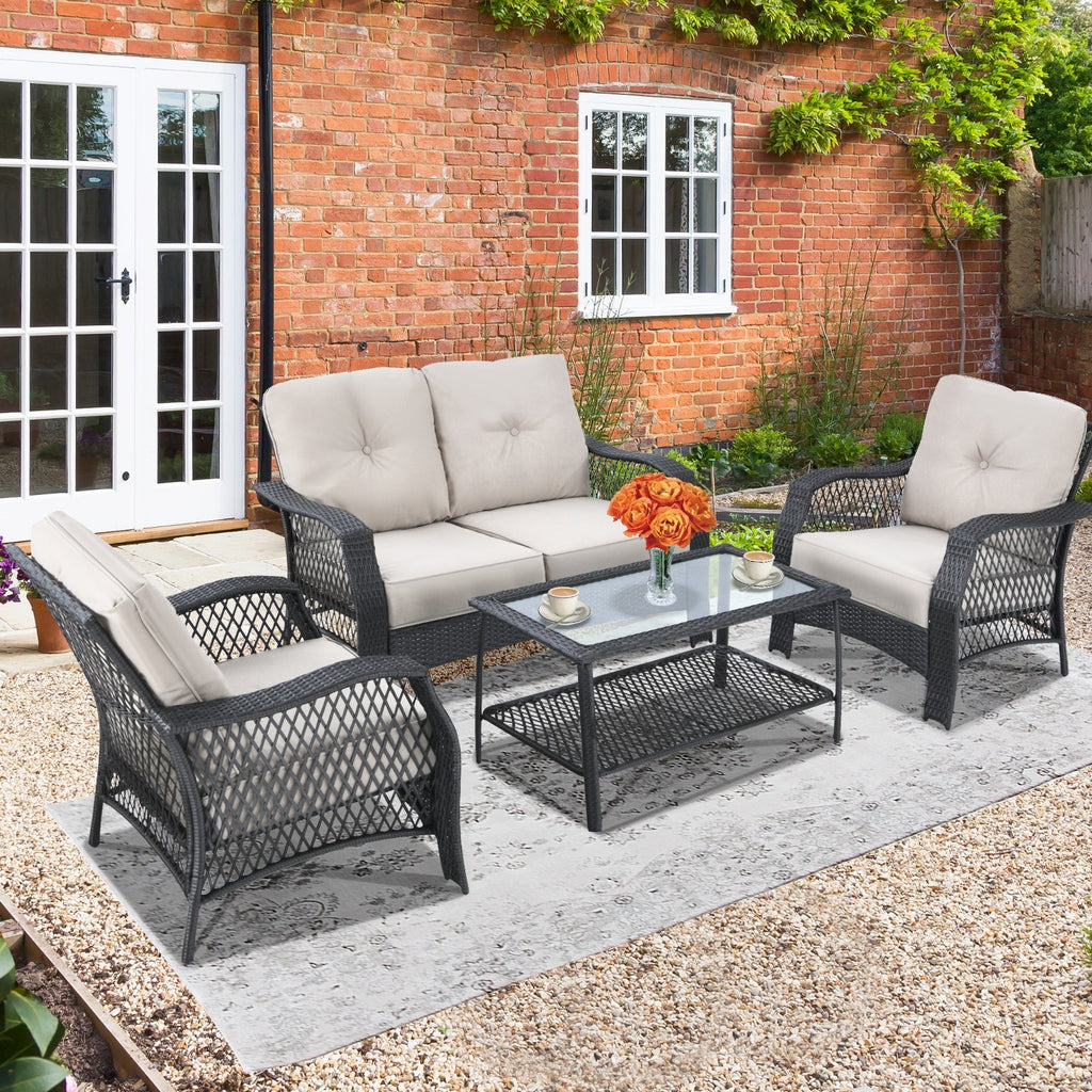 4 Pieces Patio Wicker Set Loveseat Sofa Coffee Table with Cushion-Beige