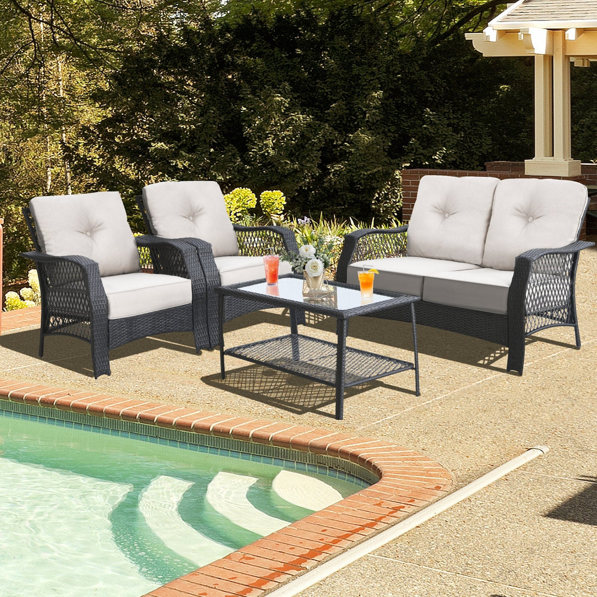 4 Pieces Patio Wicker Set Loveseat Sofa Coffee Table with Cushion-Beige