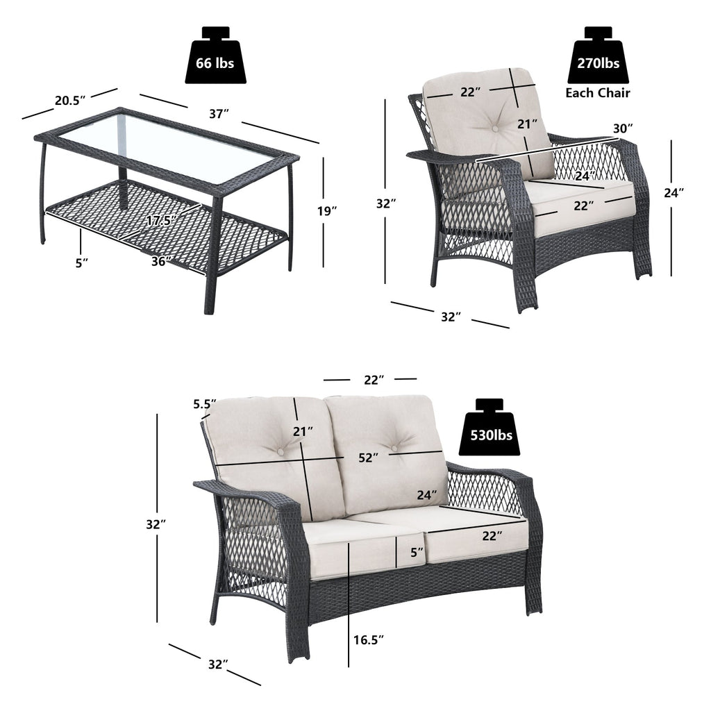 4 Pieces Patio Wicker Set Loveseat Sofa Coffee Table with Cushion-Beige