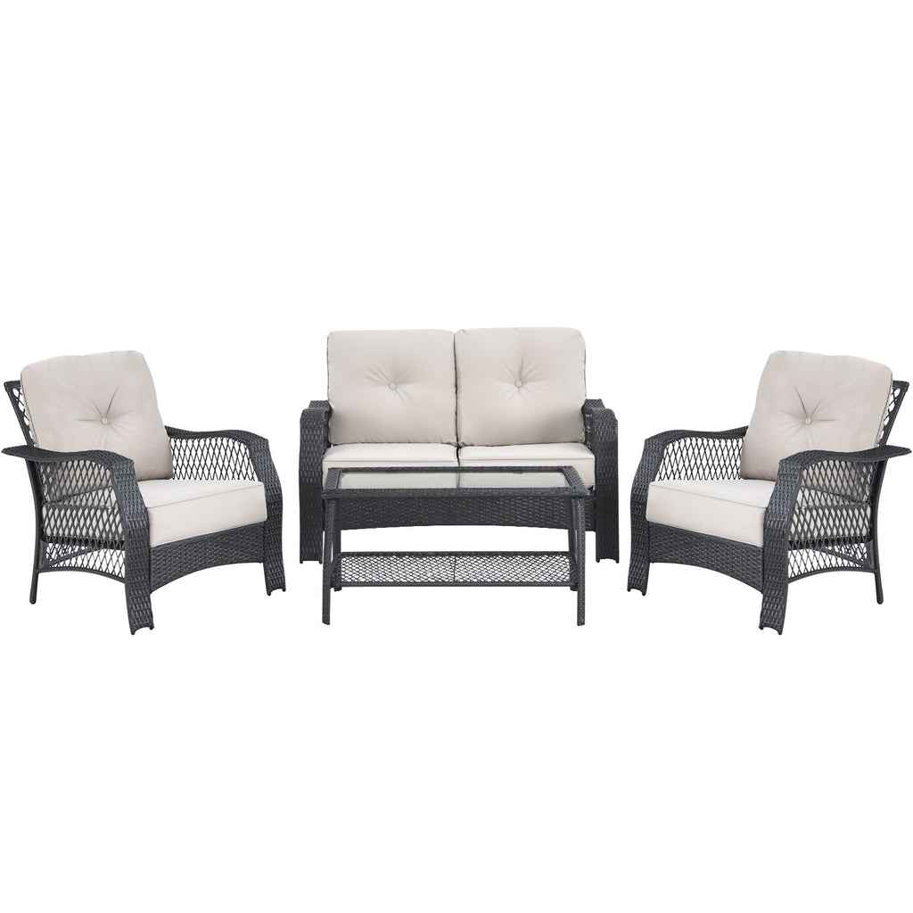 4 Pieces Patio Wicker Set Loveseat Sofa Coffee Table with Cushion-Beige