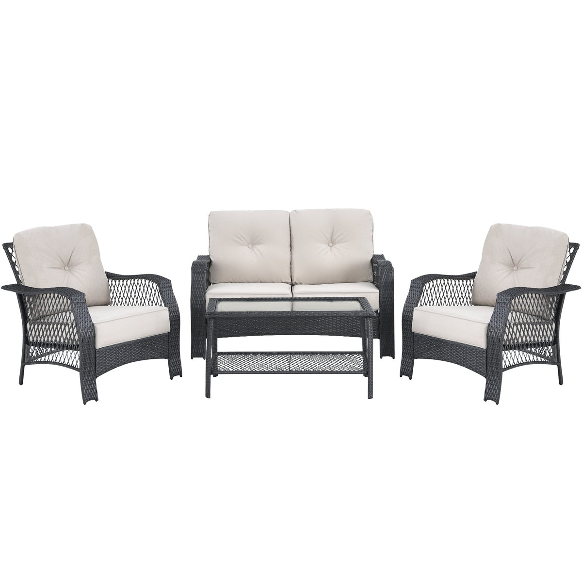 4 Pieces Patio Wicker Set Loveseat Sofa Coffee Table with Cushion-Beige