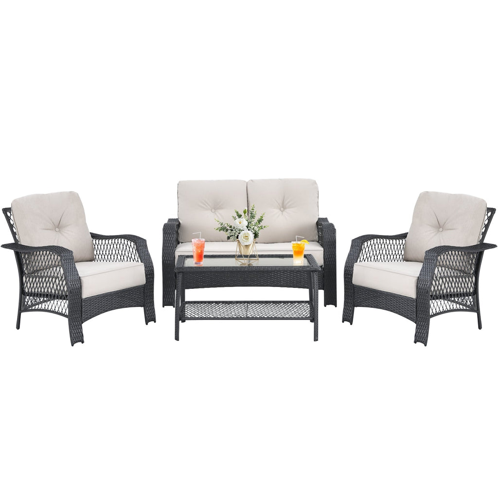 4 Pieces Patio Wicker Set Loveseat Sofa Coffee Table with Cushion-Beige
