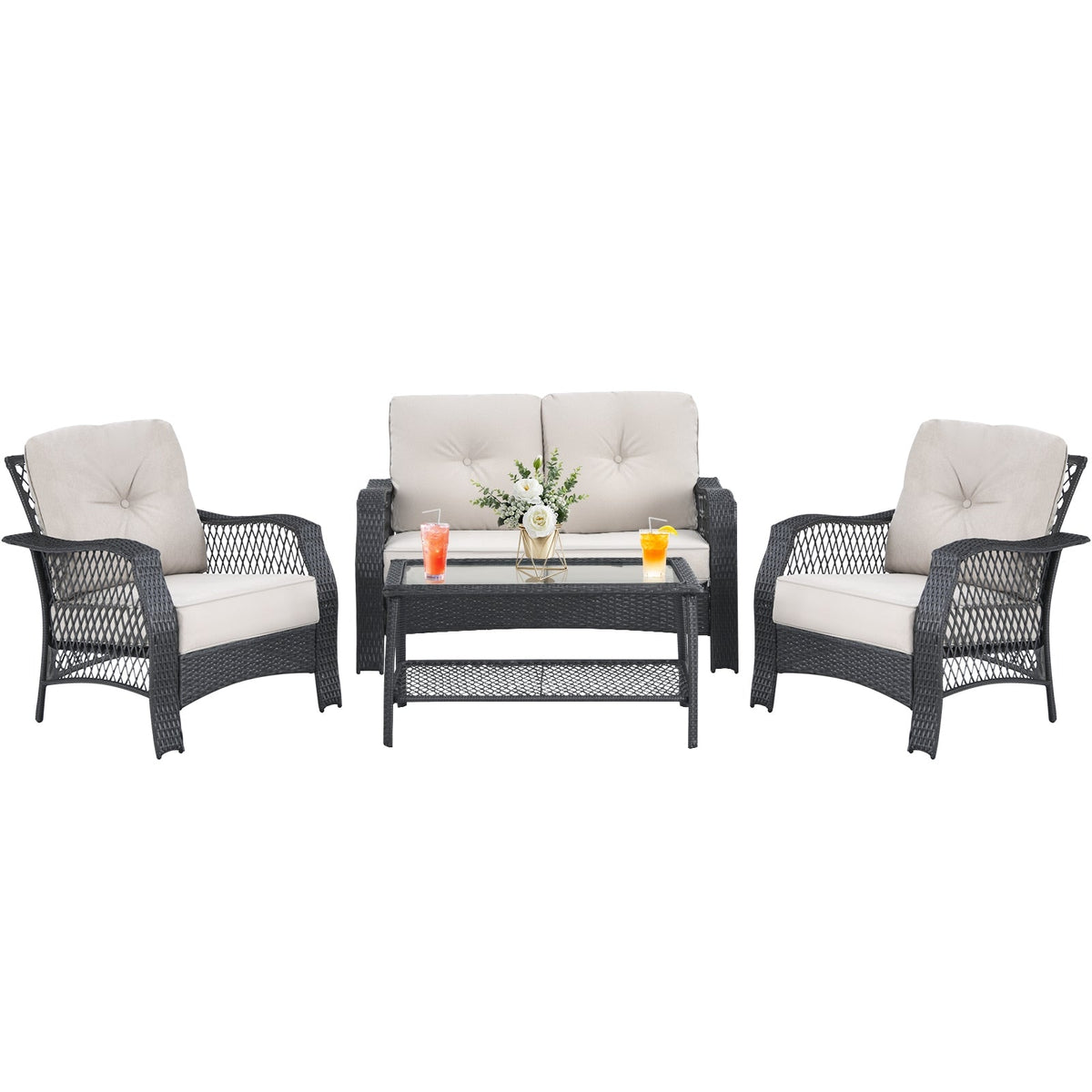4 Pieces Patio Wicker Set Loveseat Sofa Coffee Table with Cushion-Beige