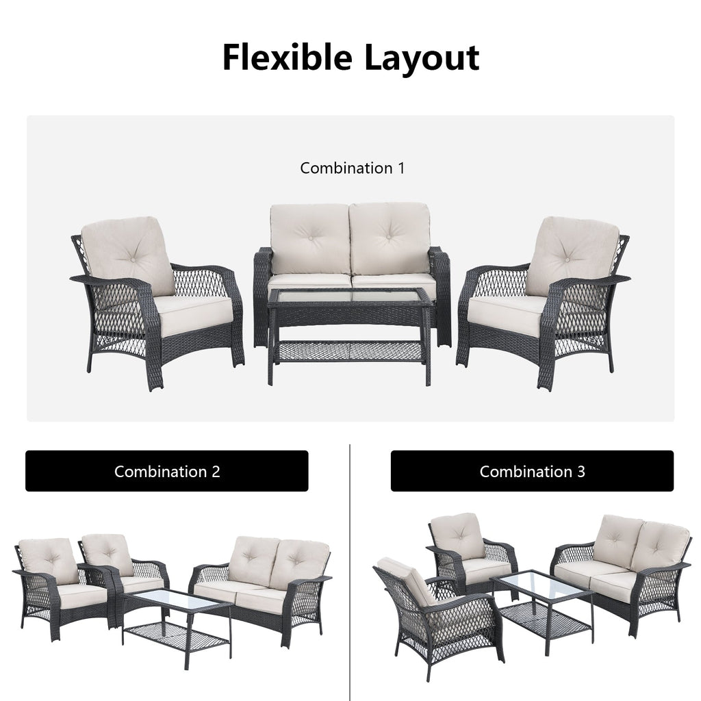 4 Pieces Patio Wicker Set Loveseat Sofa Coffee Table with Cushion-Beige