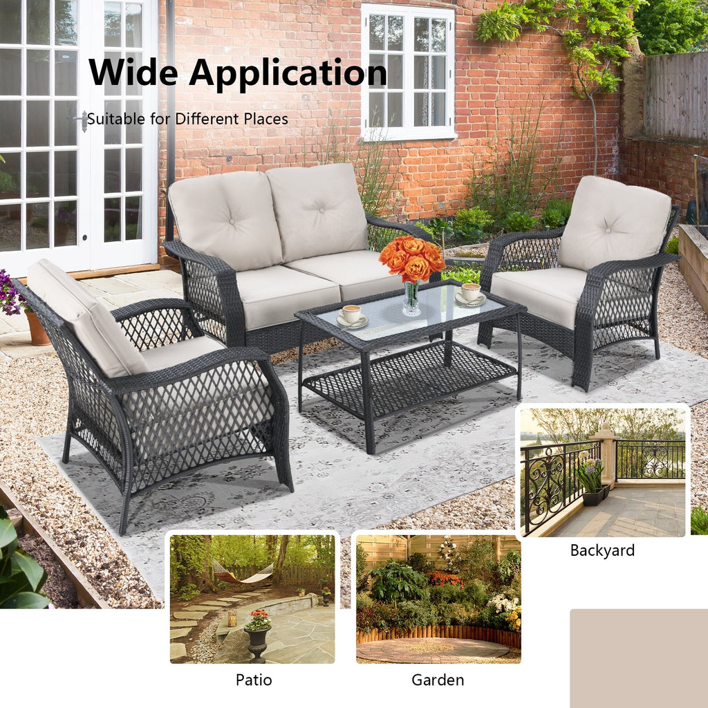 4 Pieces Patio Wicker Set Loveseat Sofa Coffee Table with Cushion-Beige