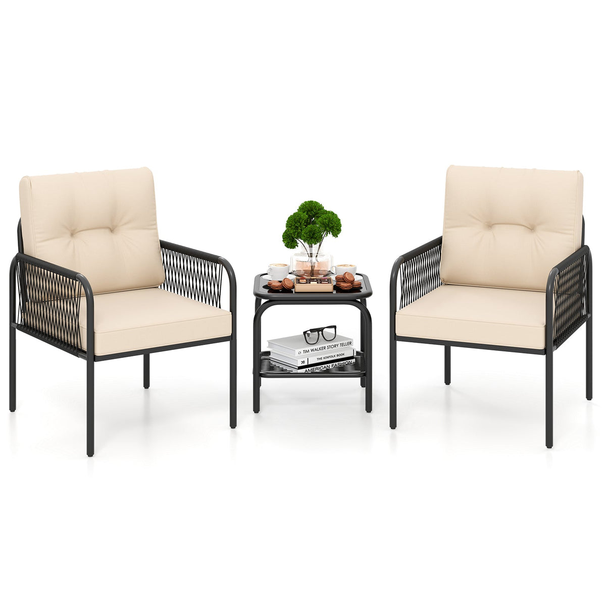 3 Pieces Patio Outdoor Wicker Rattan Furniture Conversation Set-Beige
