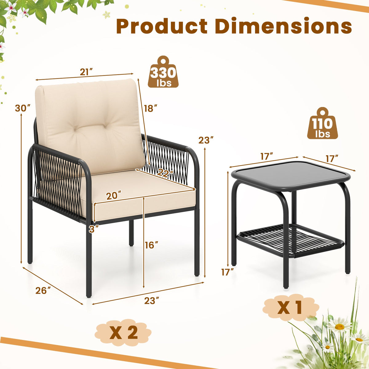3 Pieces Patio Outdoor Wicker Rattan Furniture Conversation Set-Beige
