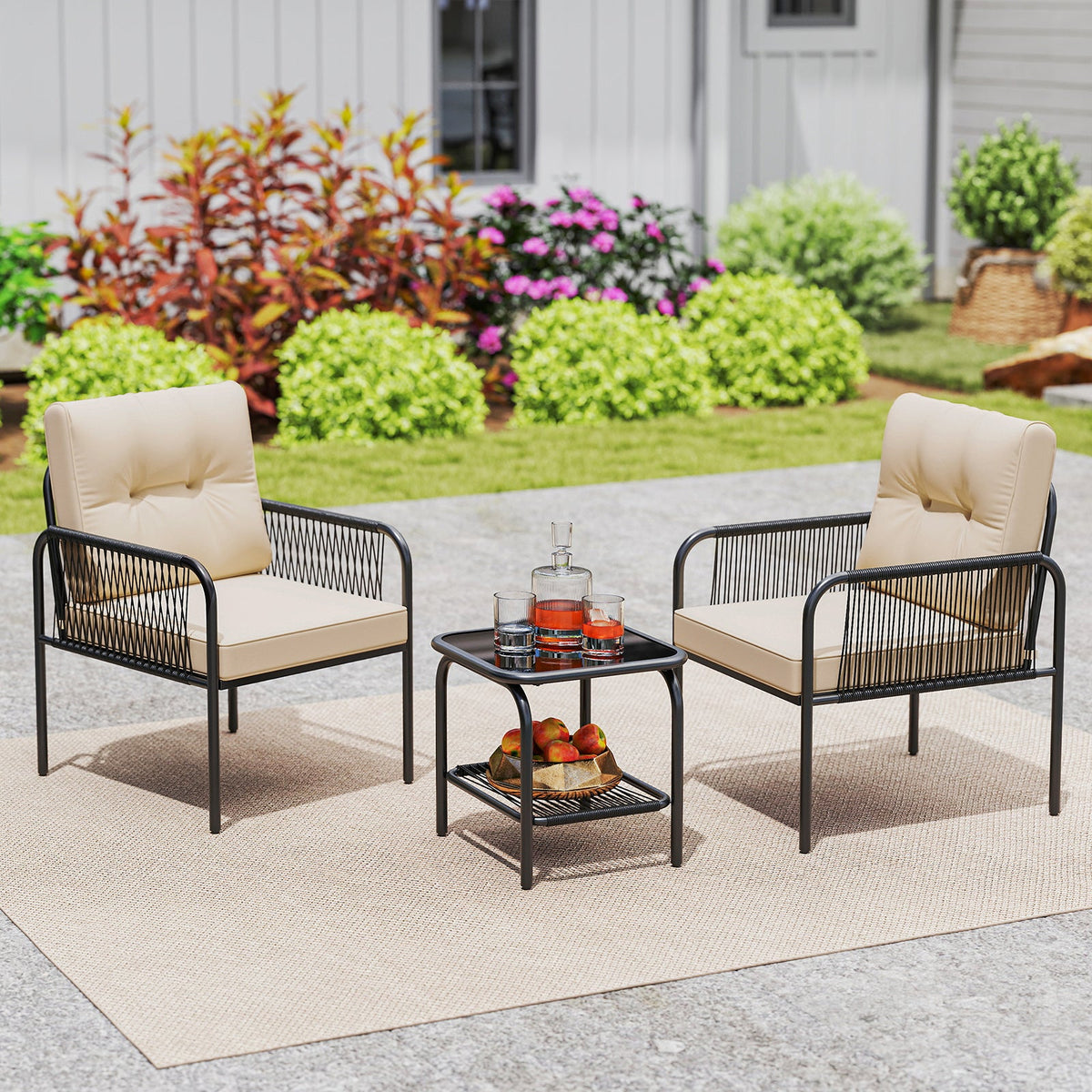 3 Pieces Patio Outdoor Wicker Rattan Furniture Conversation Set-Beige