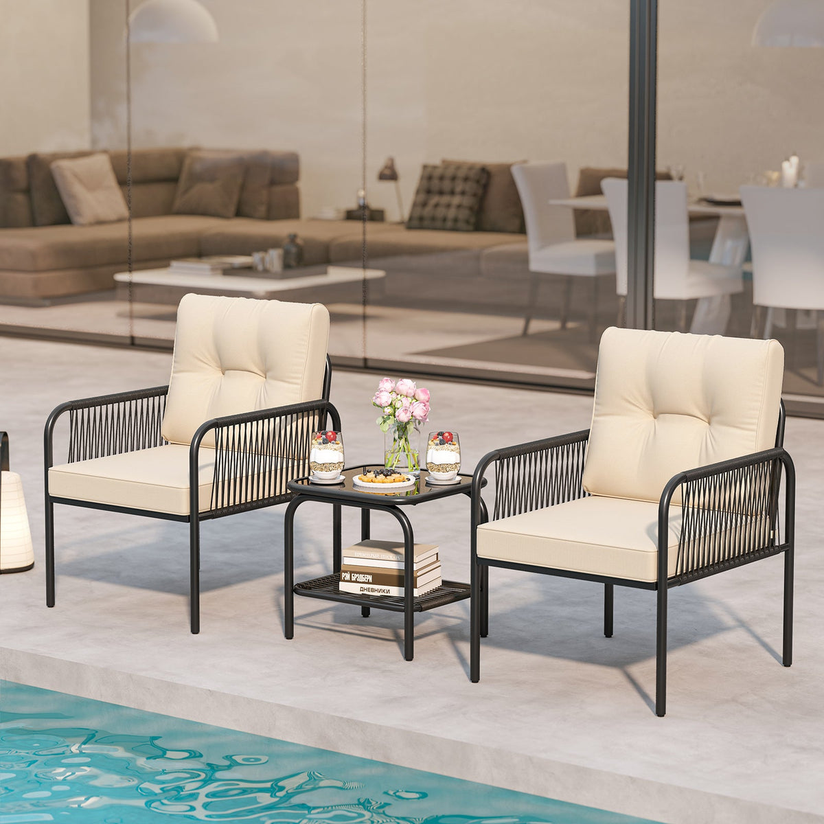 3 Pieces Patio Outdoor Wicker Rattan Furniture Conversation Set-Beige
