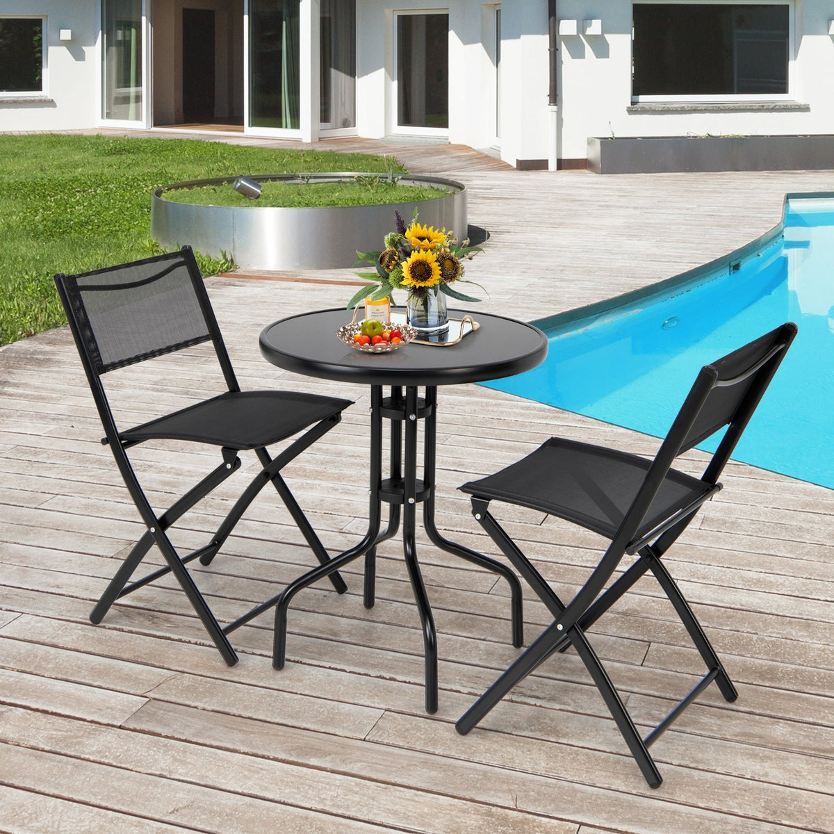 5 Pieces Patio Rattan Furniture, 2 Ottomans, Tempered Glass Coffee Table