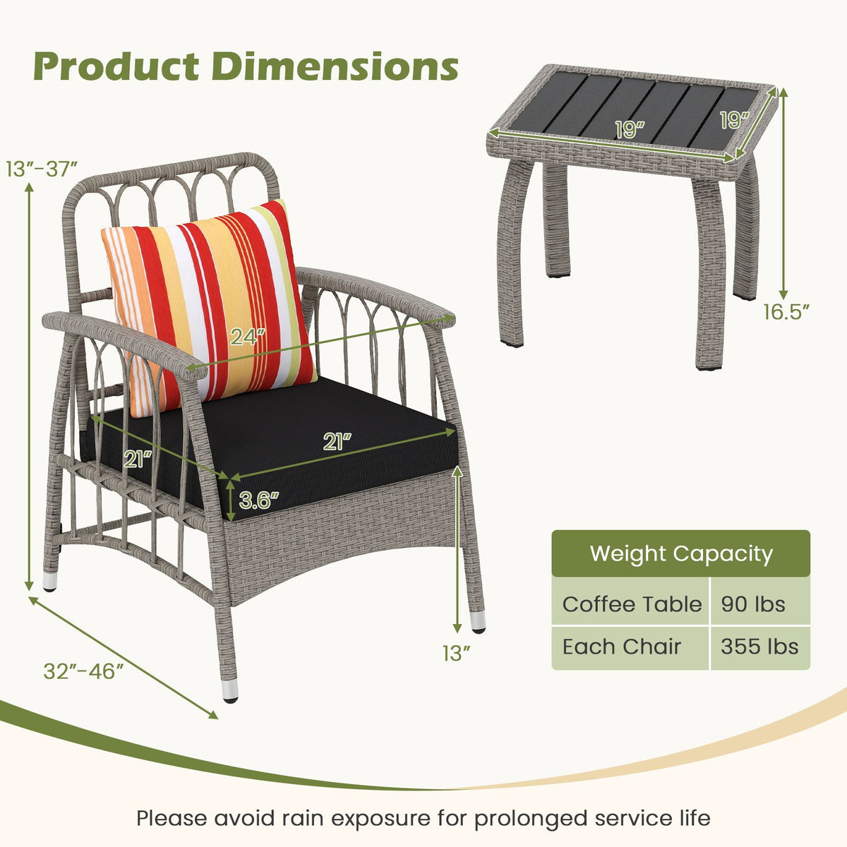 3 Pieces Patio Wicker Furniture Set with 5-Level Adjustable Backrest-Gray