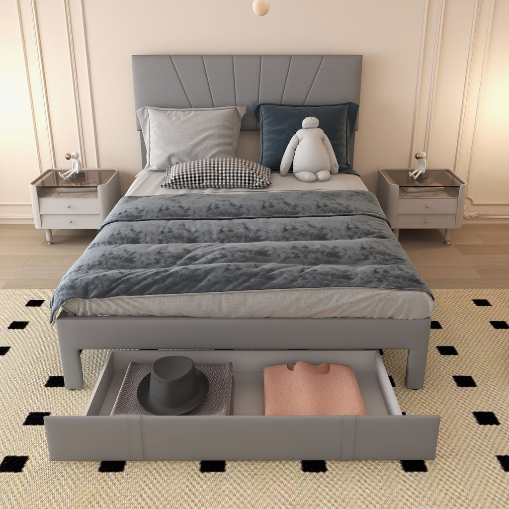 Full/Queen Size Upholstered Bed Frame with Drawer and Adjustable Headboard