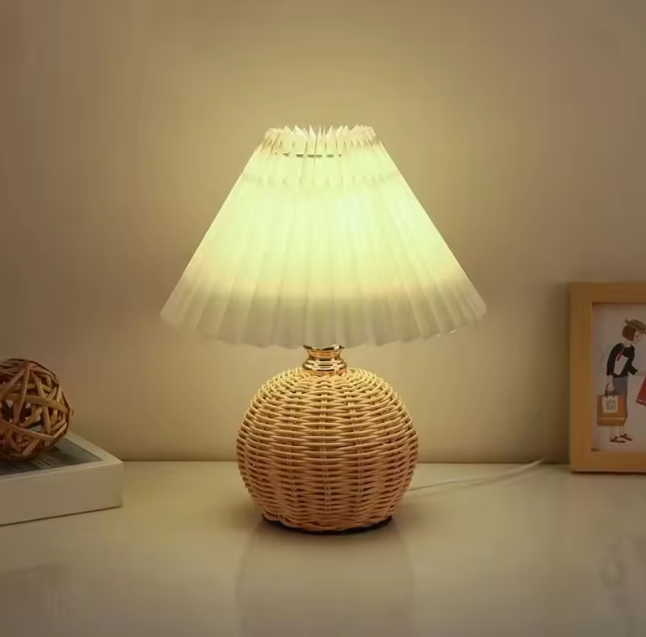 Handwoven Rattan Table Lamp – Cozy Bedside Lighting